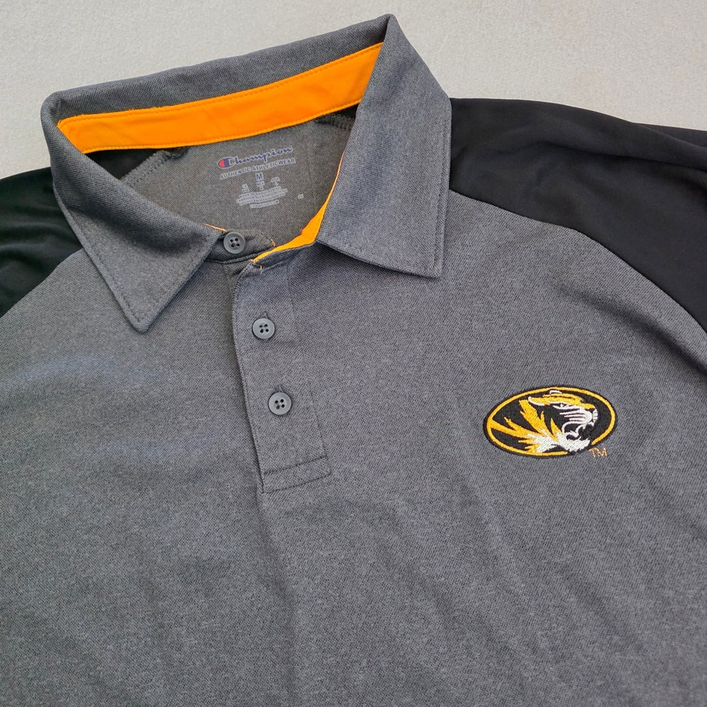 Champion Mizzou Missouri Tigers Polo Shirt Mens Medium Grey Black Athletic NCAA